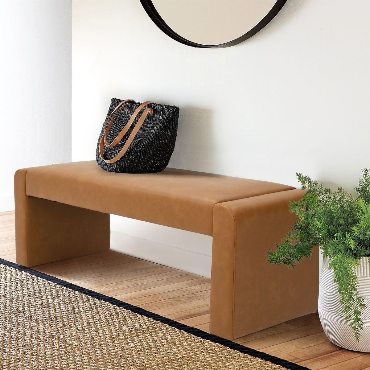 Tan Faux Leather Upholstered Waterfall Bench with Solid Wood Frame