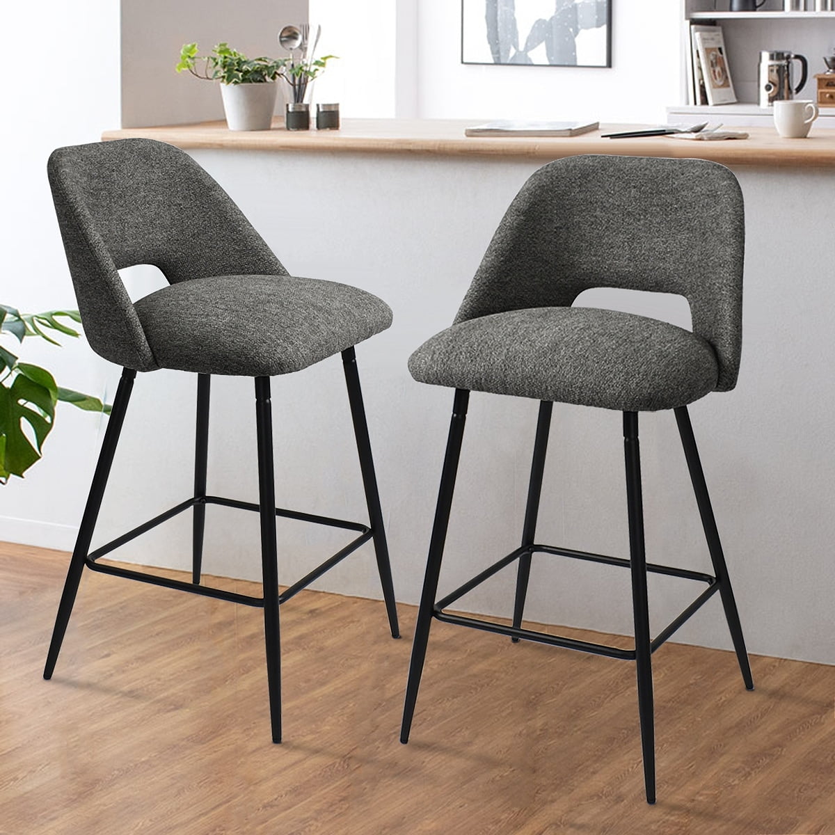 Dark Gray Upholstered Counter Height Stools with Black Metal Frame, Set of 2