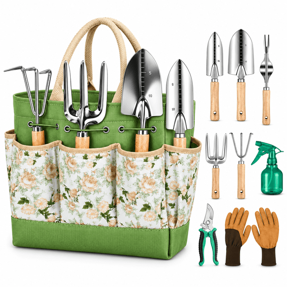 Jill Deaaa Gardening Tool Set, 9‑Piece Rust‑Proof Stainless Steel Hand Tools with Wooden Handles & Storage Tote Bag, Gifts for Gardeners Men & Women