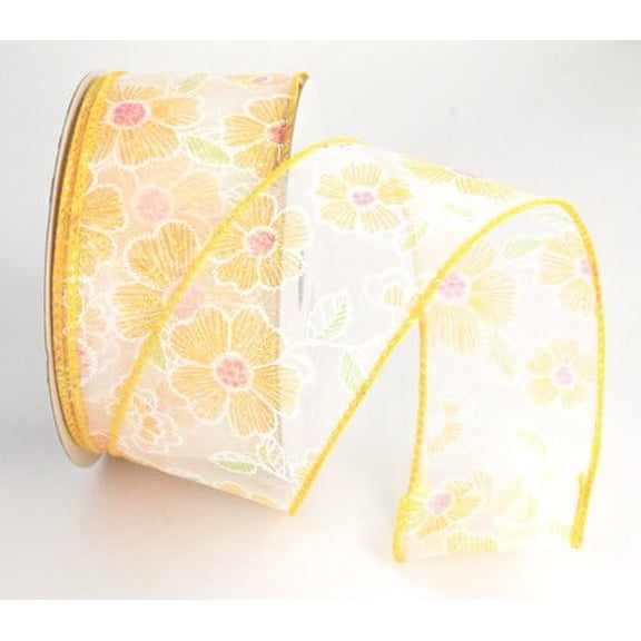 Jill Yellow Wired Sheer White and Yellow and Pink Flower Spring Ribbon 2 1/2" - 25 Yards
