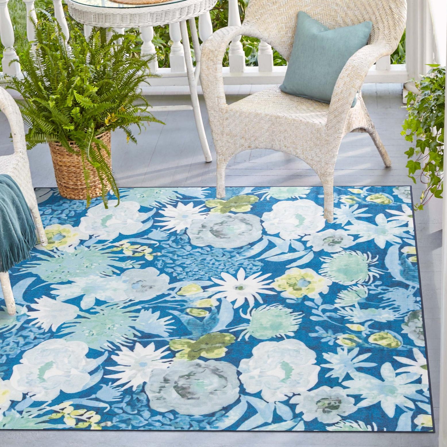 Navy Blue Floral Square Outdoor Synthetic Rug
