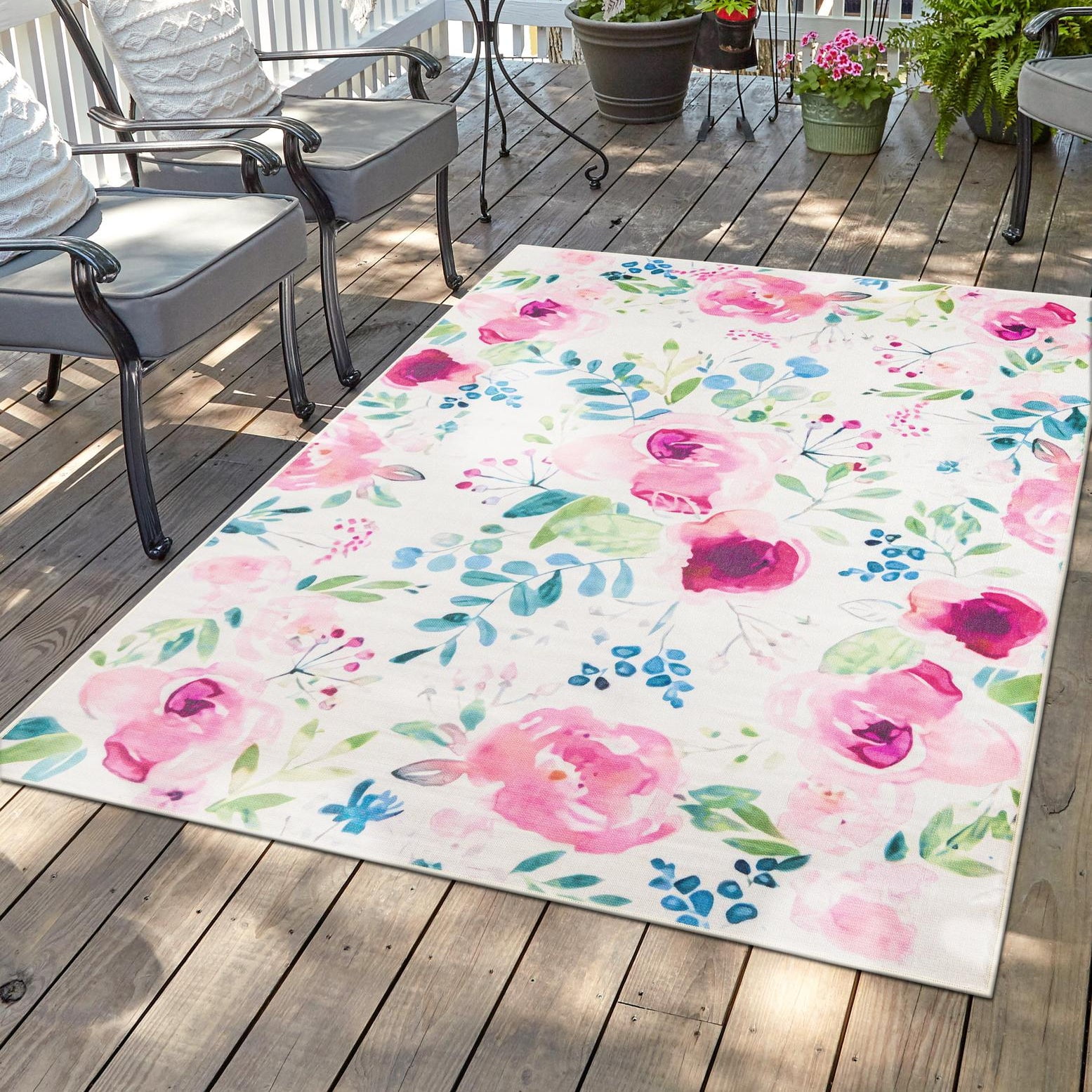 Ivory and Pink Floral Rectangular Outdoor Rug 4' x 6'