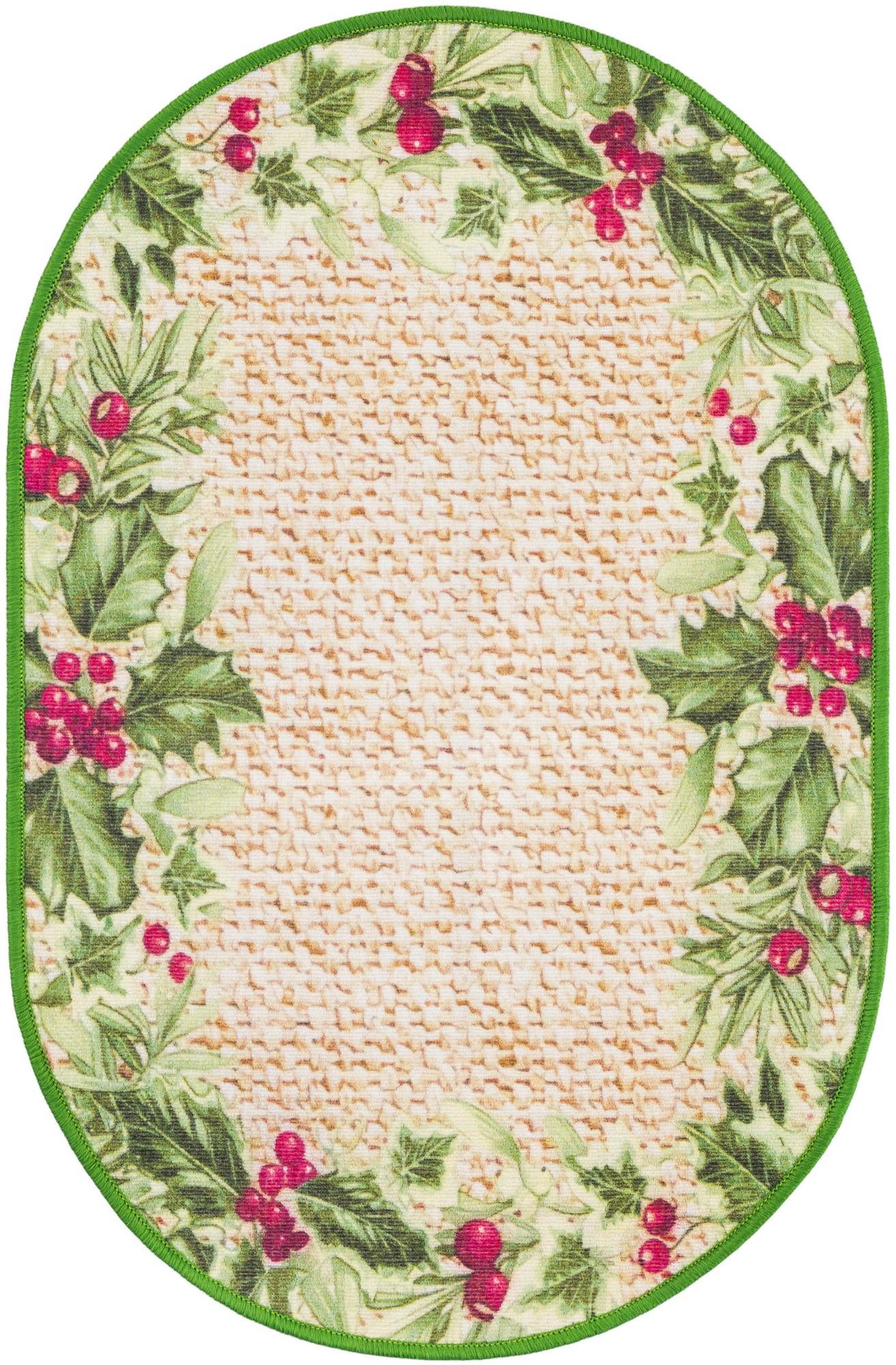 Beige and Green Oval Floral Synthetic Outdoor Rug