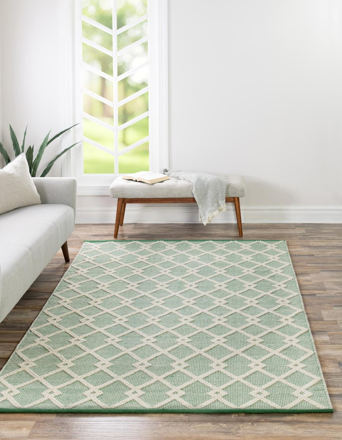 Mint Green Abstract Hand-Knotted Wool-Cotton Area Rug