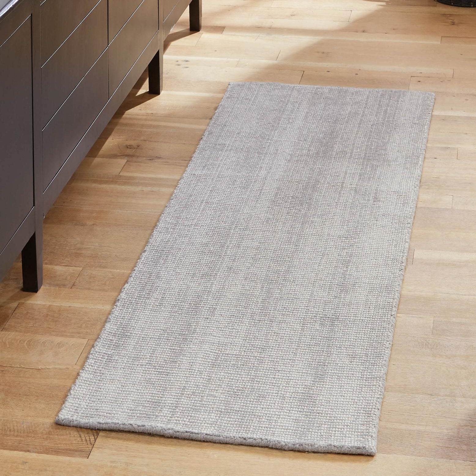 Hand-Knotted Gray Wool Runner Rug with Ivory Accents