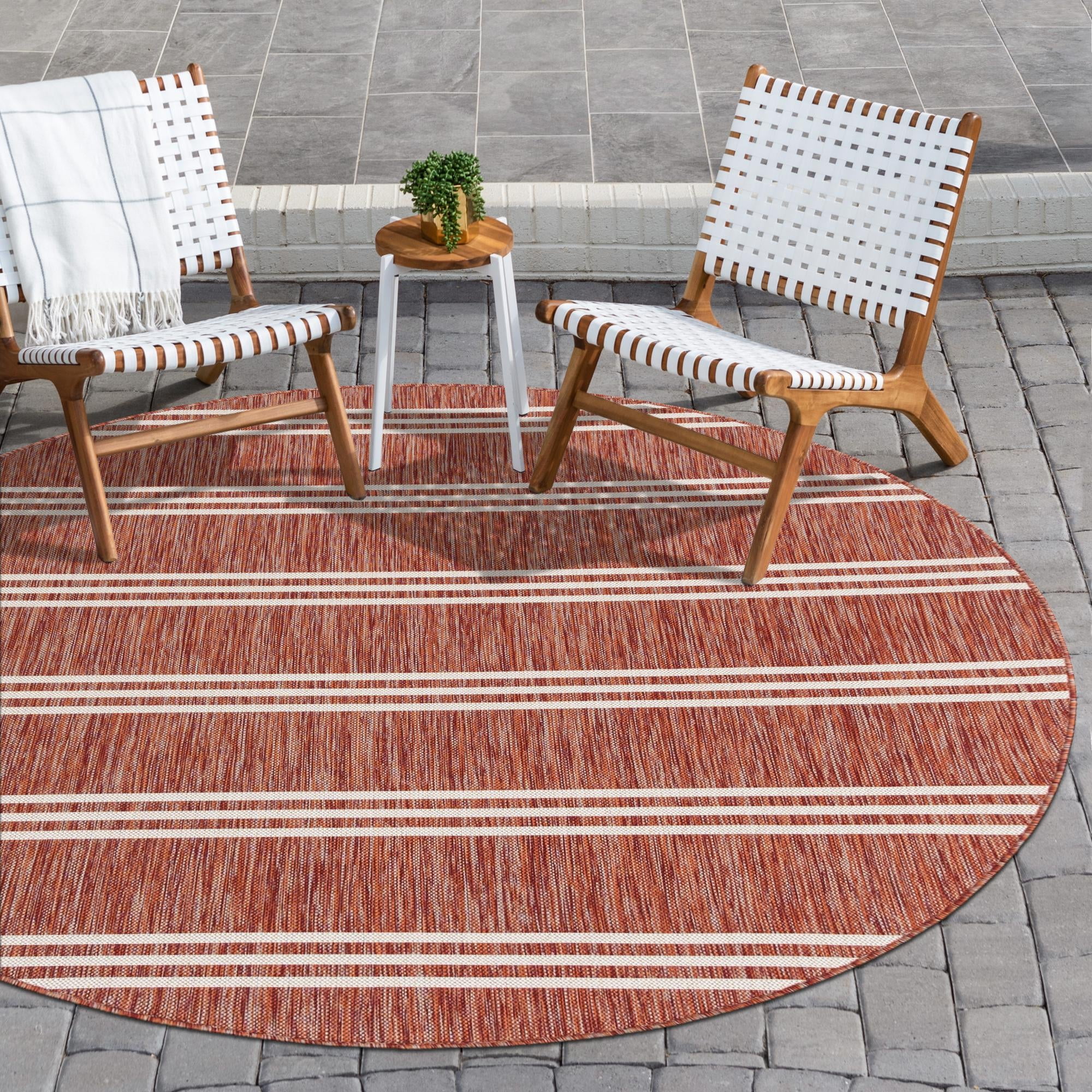 Rust Red and Ivory Round Outdoor Synthetic Stripe Rug