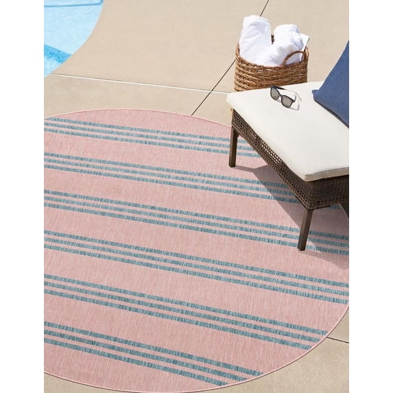 Jill Zarin Outdoor Collection Area Rug - Anguilla (7' 1" Round Pink and Aqua/Light Blue)