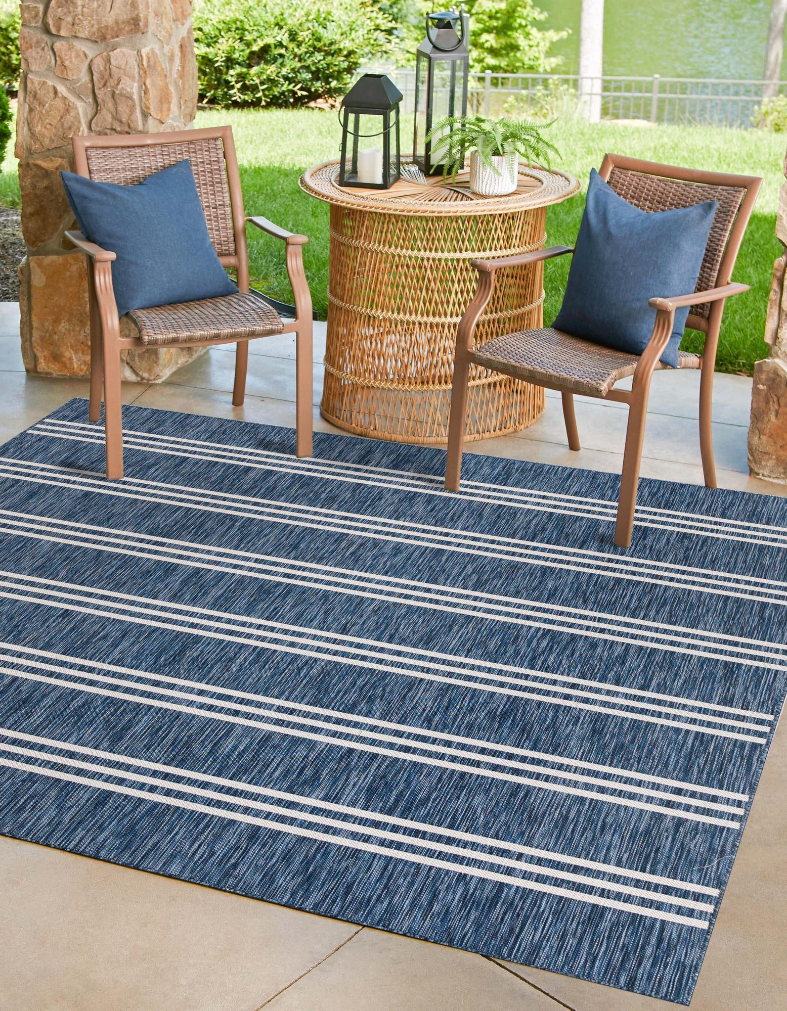 Blue and White Square Synthetic Outdoor Area Rug