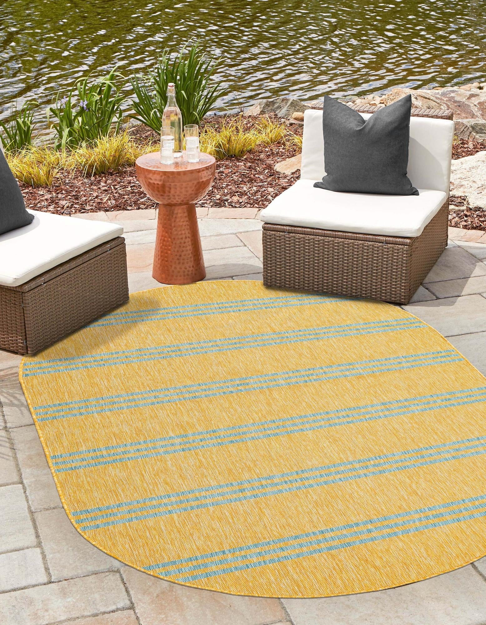 Yellow and Aqua Oval Outdoor Synthetic Rug 8' x 10'