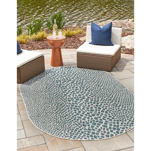 Jill Zarin Outdoor Collection Area Rug - Cape Town (5' 3" x 8' Oval Teal/Ivory)
