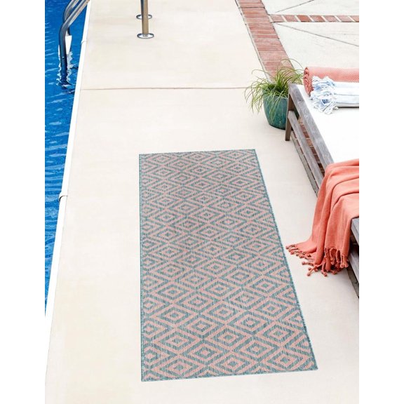 Jill Zarin Outdoor Collection Area Rug - Costa Rica (2' x 8' Runner Pink and Aqua/Light Blue)