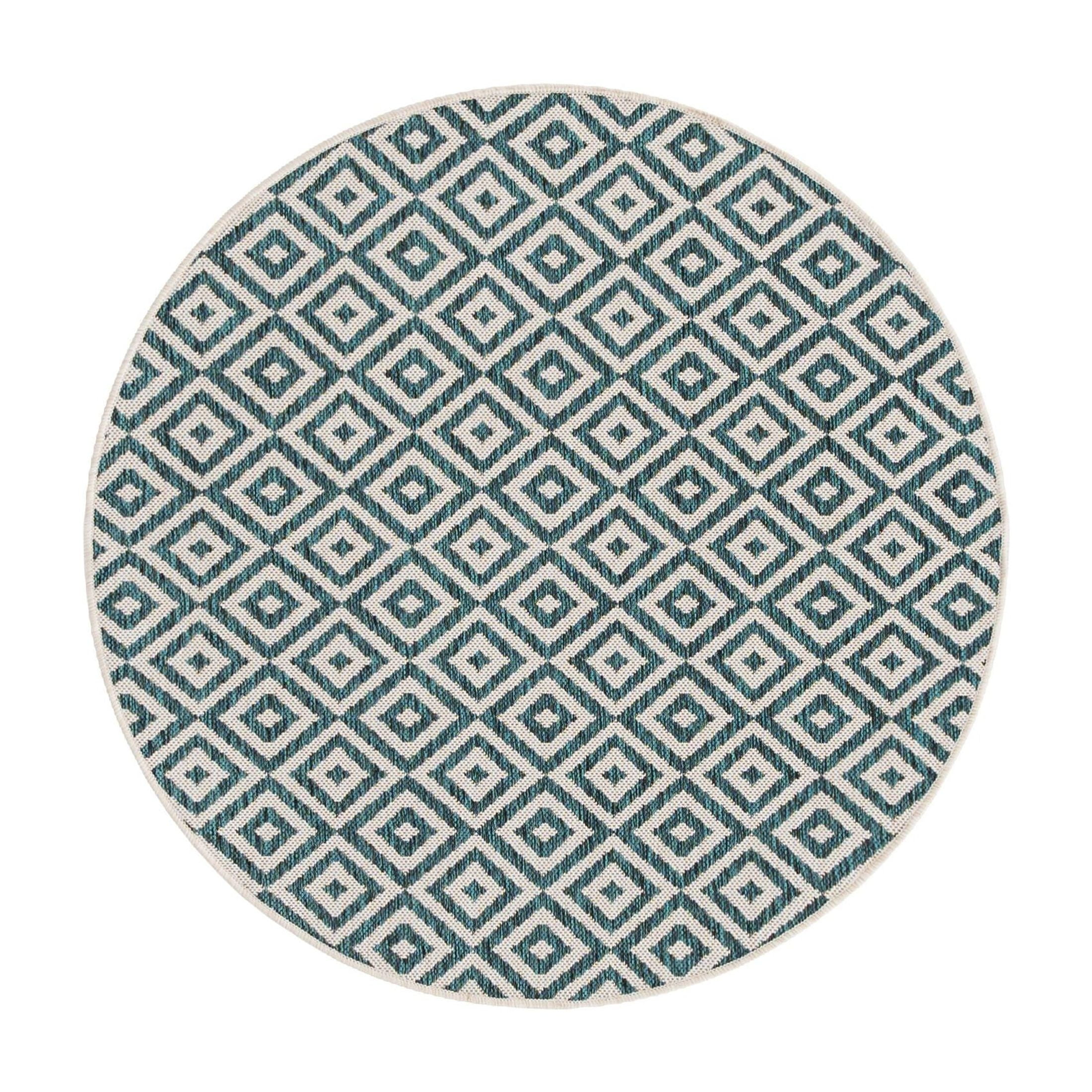 Teal Geometric Flat Woven Round Outdoor Rug, 4' Diameter