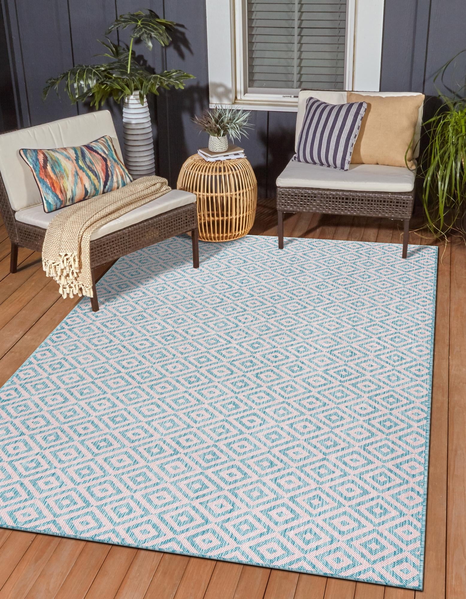 Pink and Aqua Geometric 9' x 12' Outdoor Area Rug