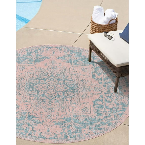 Jill Zarin Outdoor Collection Area Rug - Dubai (13' 1" Round Pink and Aqua/Light Blue)