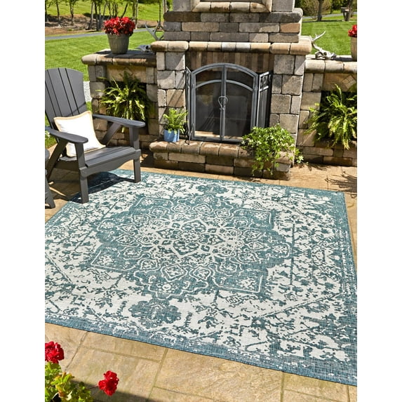 Jill Zarin Outdoor Collection Area Rug - Dubai (13' 1" Square Teal/Ivory)