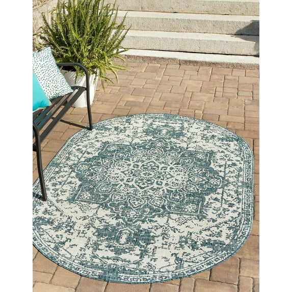 Jill Zarin Outdoor Collection Area Rug - Dubai (5' 3" x 8' Oval Teal/Ivory)