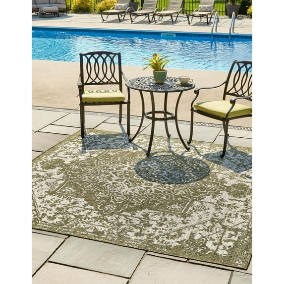 Jill Zarin Outdoor Collection Area Rug - Dubai (7' 10" Square Green/Ivory)