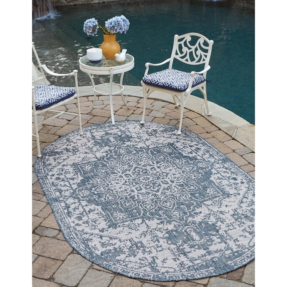 Jill Zarin Outdoor Collection Area Rug - Dubai (7' 10" x 10' Oval Blue/Ivory)