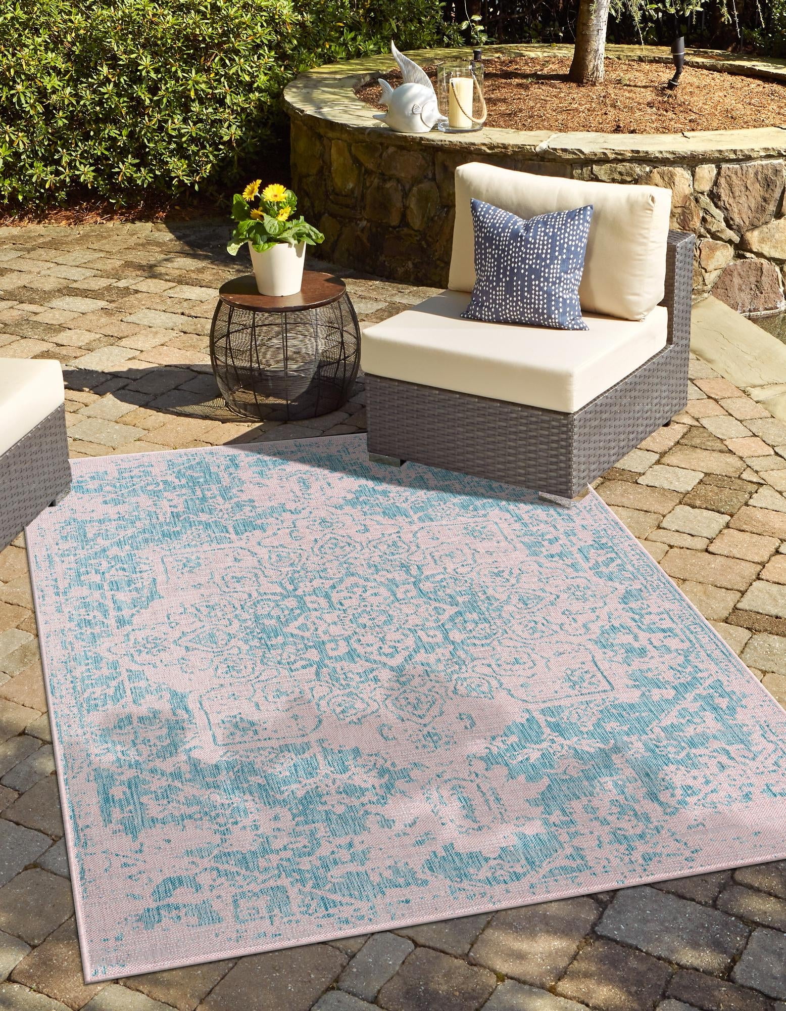 Aqua and Pink Medallion 9' x 12' Outdoor Rectangular Rug