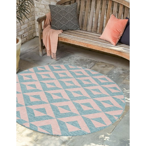 Jill Zarin Outdoor Collection Area Rug - Napa (7' 1" Round Pink and Aqua/Light Blue)