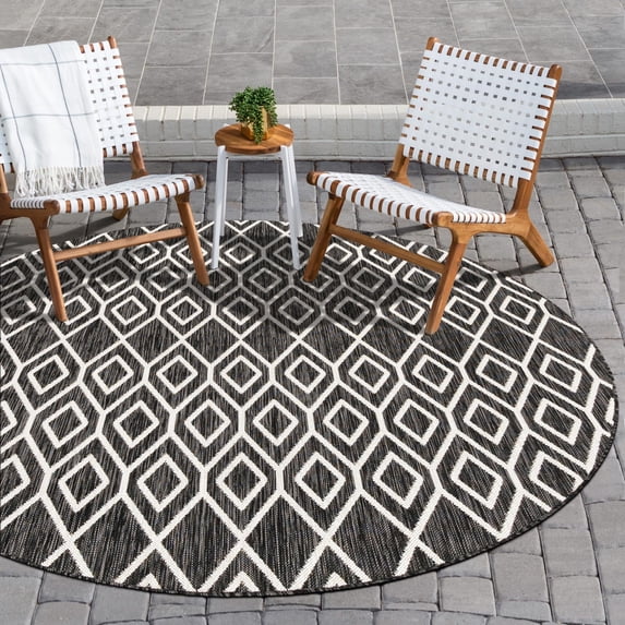 Jill Zarin Outdoor Collection Area Rug - Turks and Caicos (4' 1" Round Charcoal Gray/Ivory)