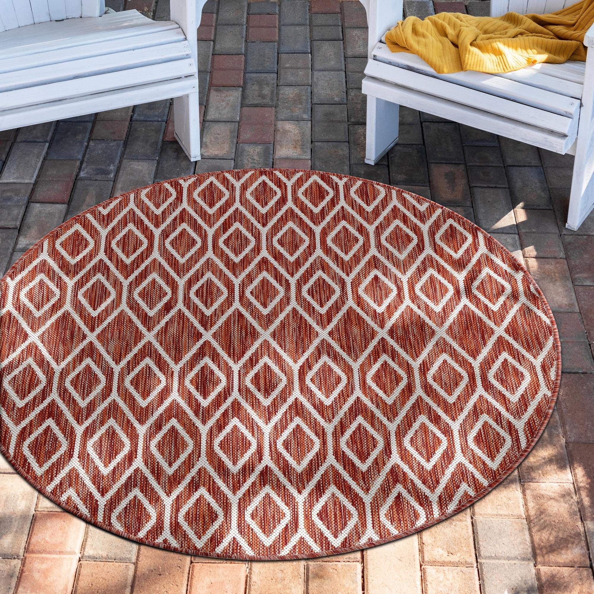 Rust Red and Ivory Round Outdoor Trellis Area Rug, 4 ft
