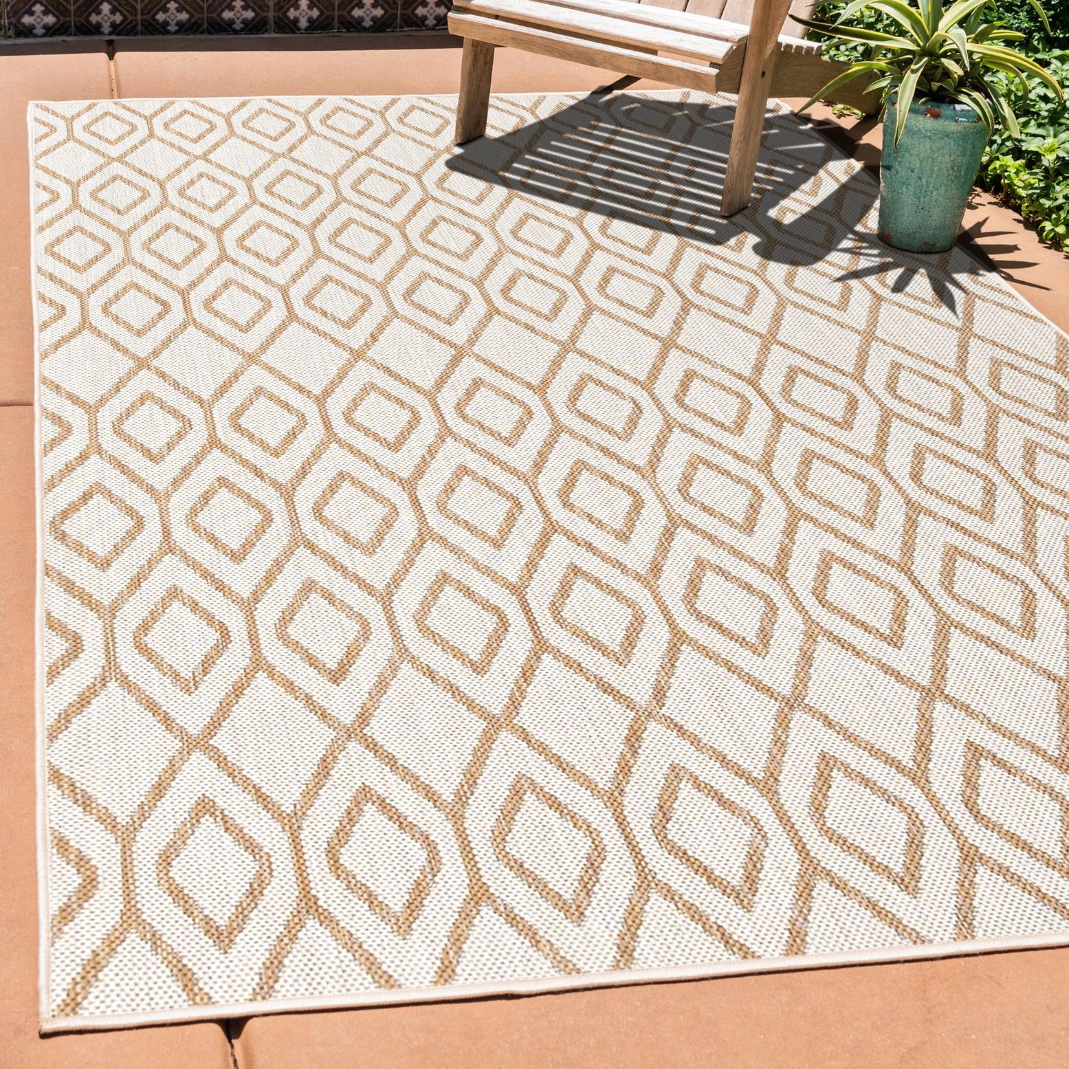 Beige and Brown Trellis Outdoor Rectangular Rug 5' x 7'