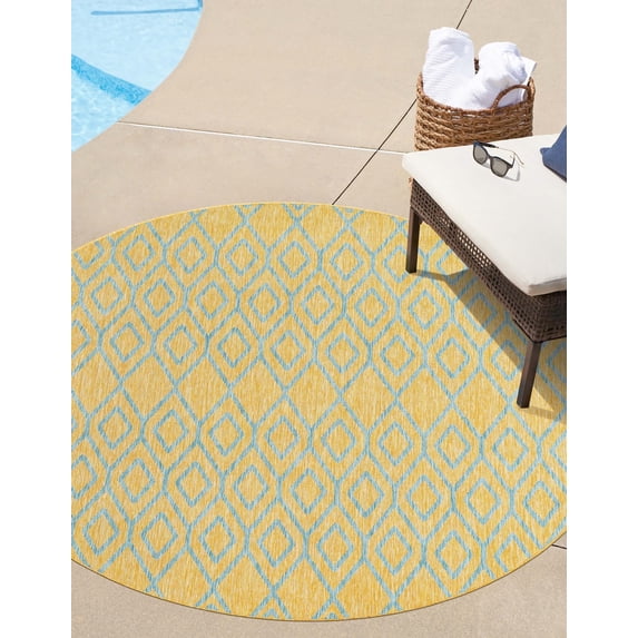 Jill Zarin Outdoor Collection Area Rug - Turks and Caicos (6' 7" Round Yellow and Aqua/Light Blue)