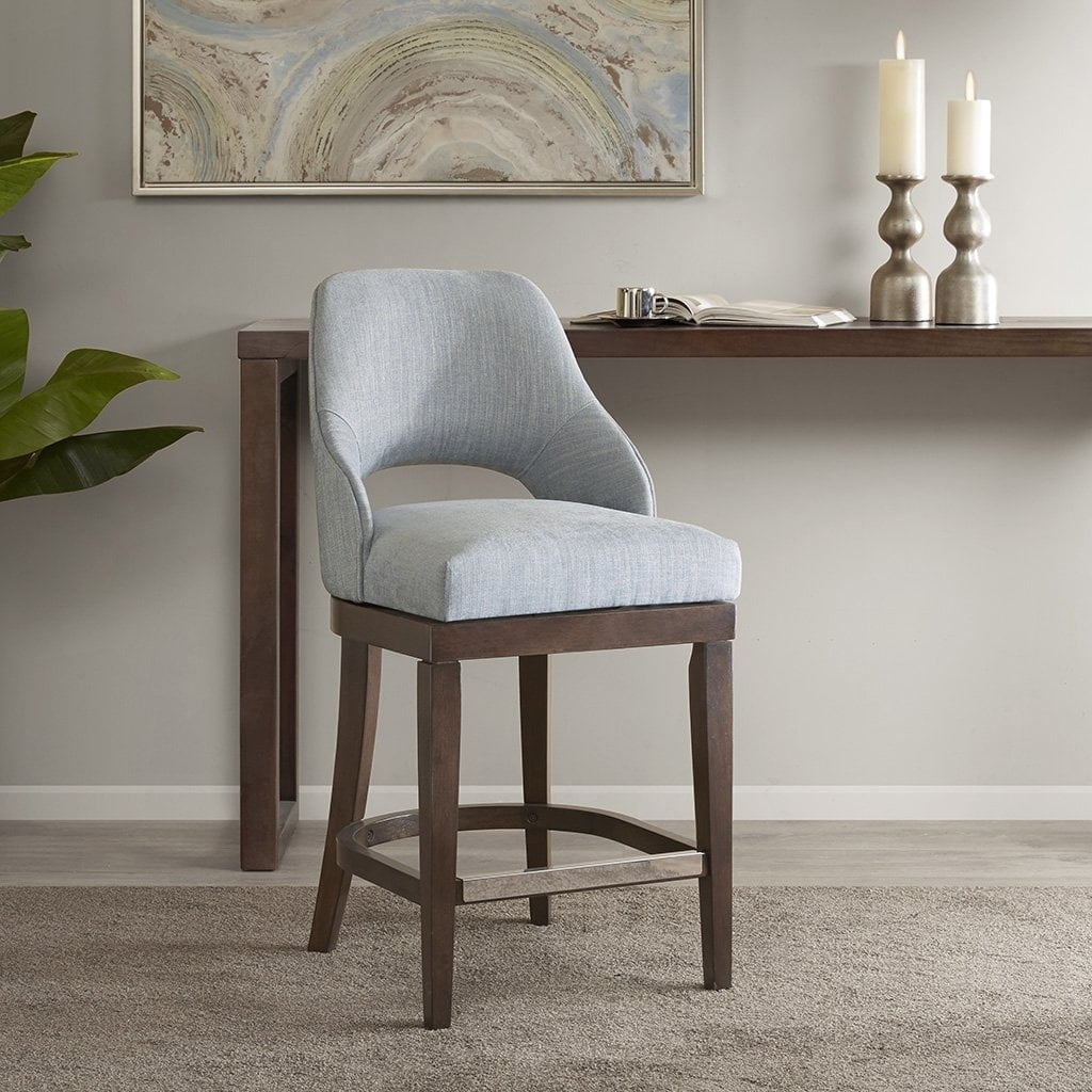 Transitional Blue Swivel Counter Stool with Silver Kick Plate