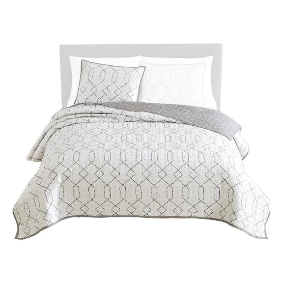 Jim 2 Piece Twin Size Reversible Coverlet Set- Geometric White and Gray