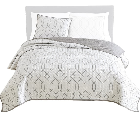 Jim 2 Piece Twin Size Reversible Coverlet Set - Geometric White and Gray
