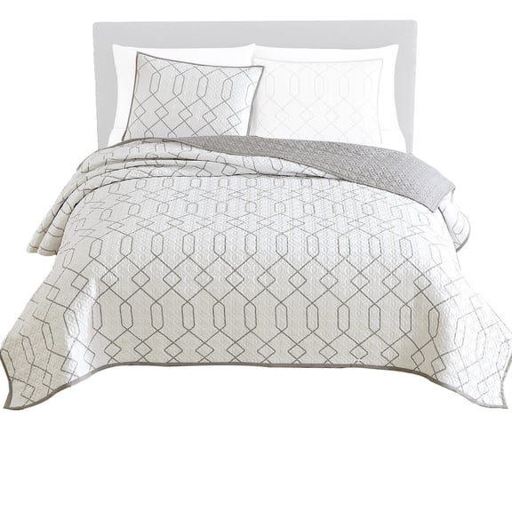 Jim 2 Piece Twin Size Reversible Coverlet Set - Geometric White and Gray
