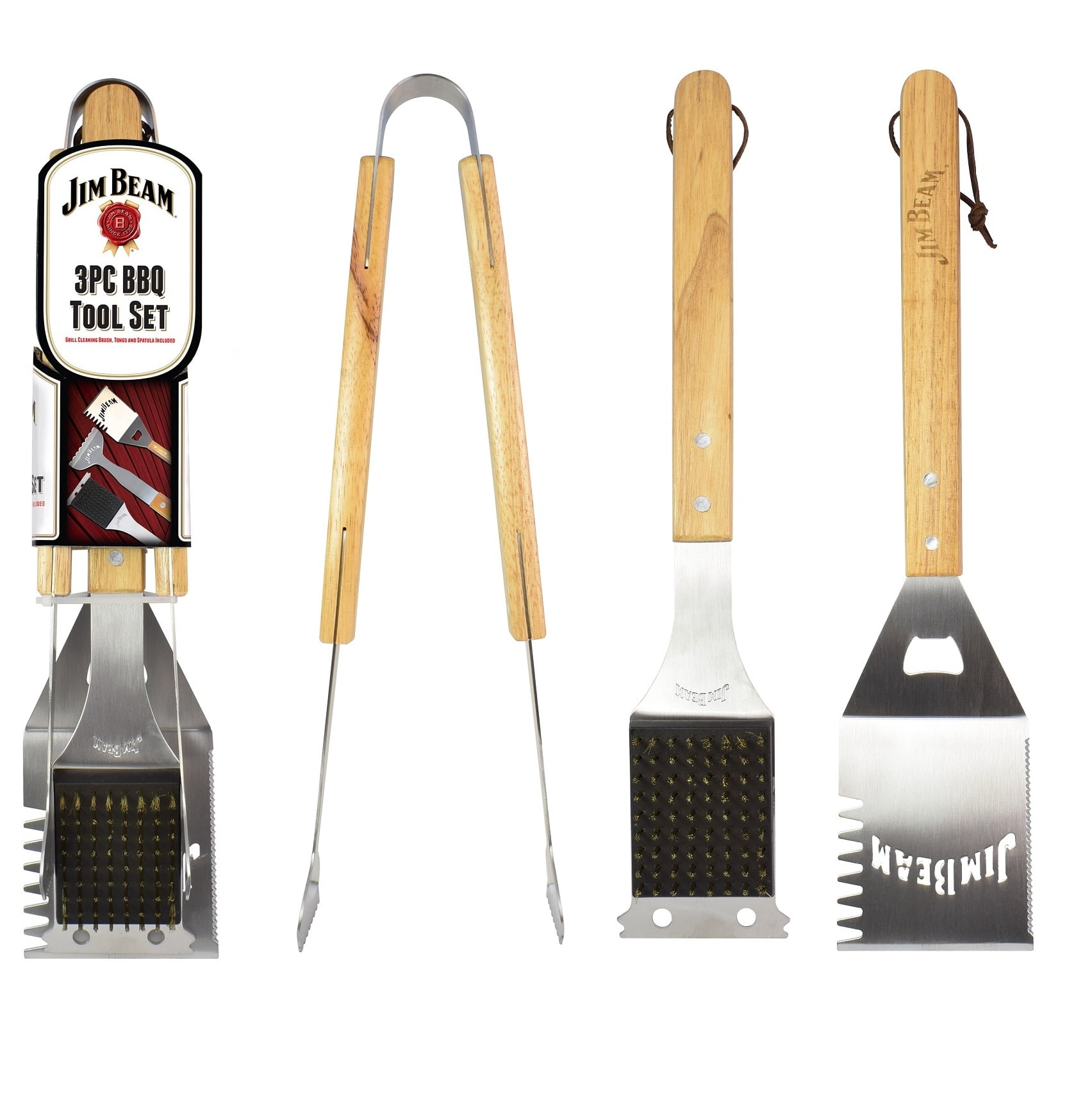 Jim Beam Stainless Steel Barbecue and Grilling Tool Set Wood Handles JB0194