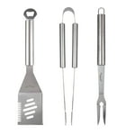 Jim Beam 3 Pack 3 Piece Stainless Steel Tool Set, Accessories, Outdoor Cooking, Camping and BBQ-Grilling Fork, Pair of Tongs and 5-in-1 Spatula with Bottle Opener, Large, Silver, (JB0207)