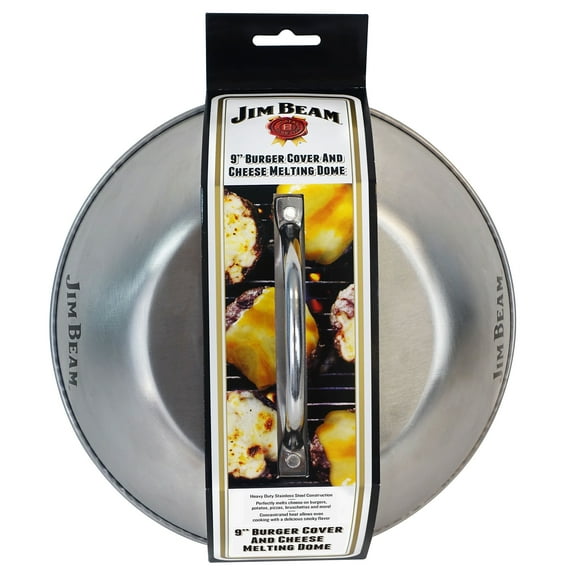 Jim Beam 9" Grill Dome Cover, Barbecue Grill Accessory Melts Cheese, Cooks Burgers Patty Faster and Prevents Splatter, for Indoor or Outdoor Use, Stainless Steel with Wire Handle