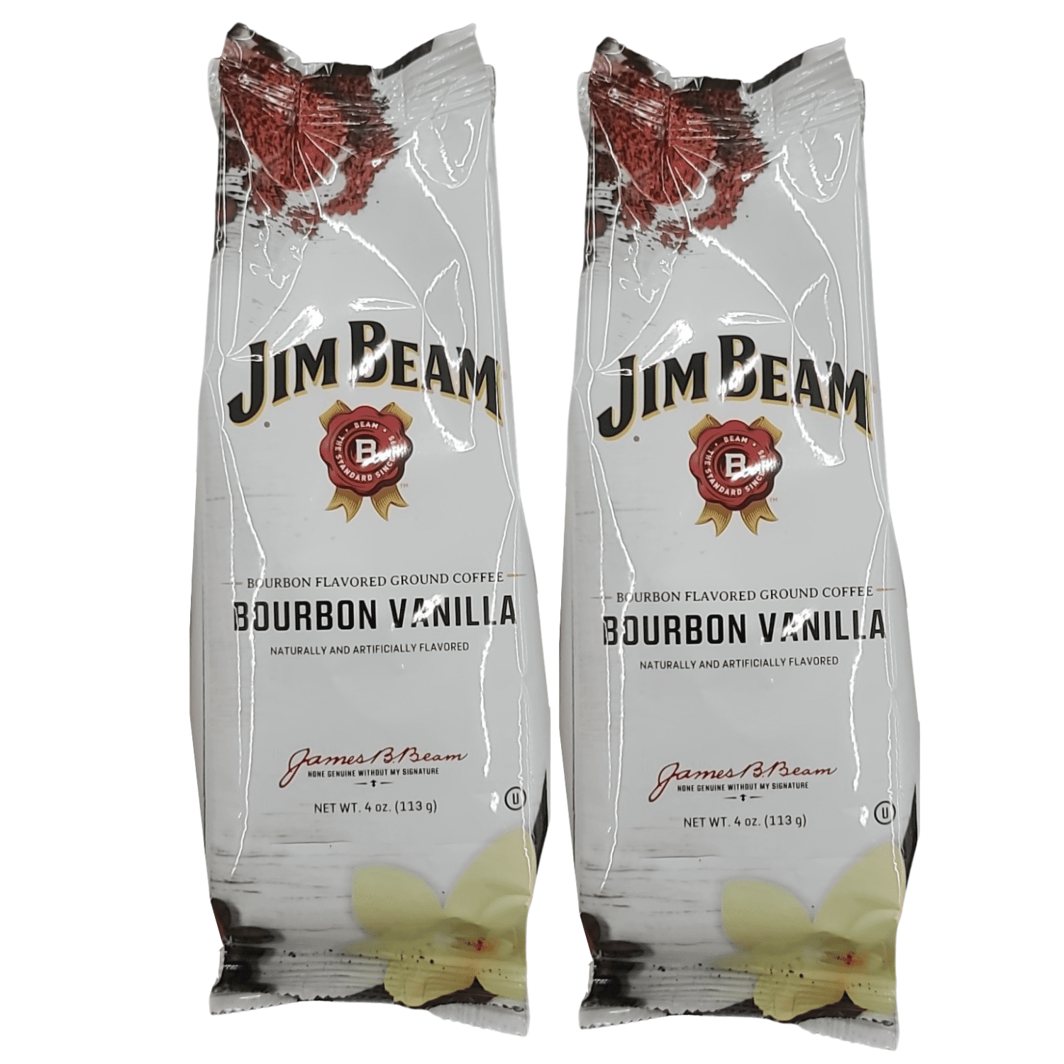Jim Beam Bourbon Vanilla Flavored Ground Coffee, 4oz Bag 100% Arabica Sweet Creamy Vanilla Smoky Bourbon-Flavored Coffee - Pack of 2