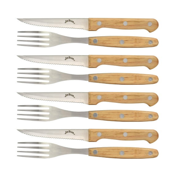 Jim Beam Set of 8 Steak Knives and Forks - Ideal for Steak, Chicken, Pork and more - Steak Knives and Forks made of Stainless Steel Blade and Contoured Wood Handles