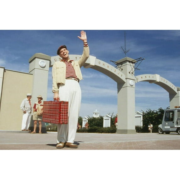 Jim Carrey in The Truman Show holding suitcase on film studio lot 24x36 Poster