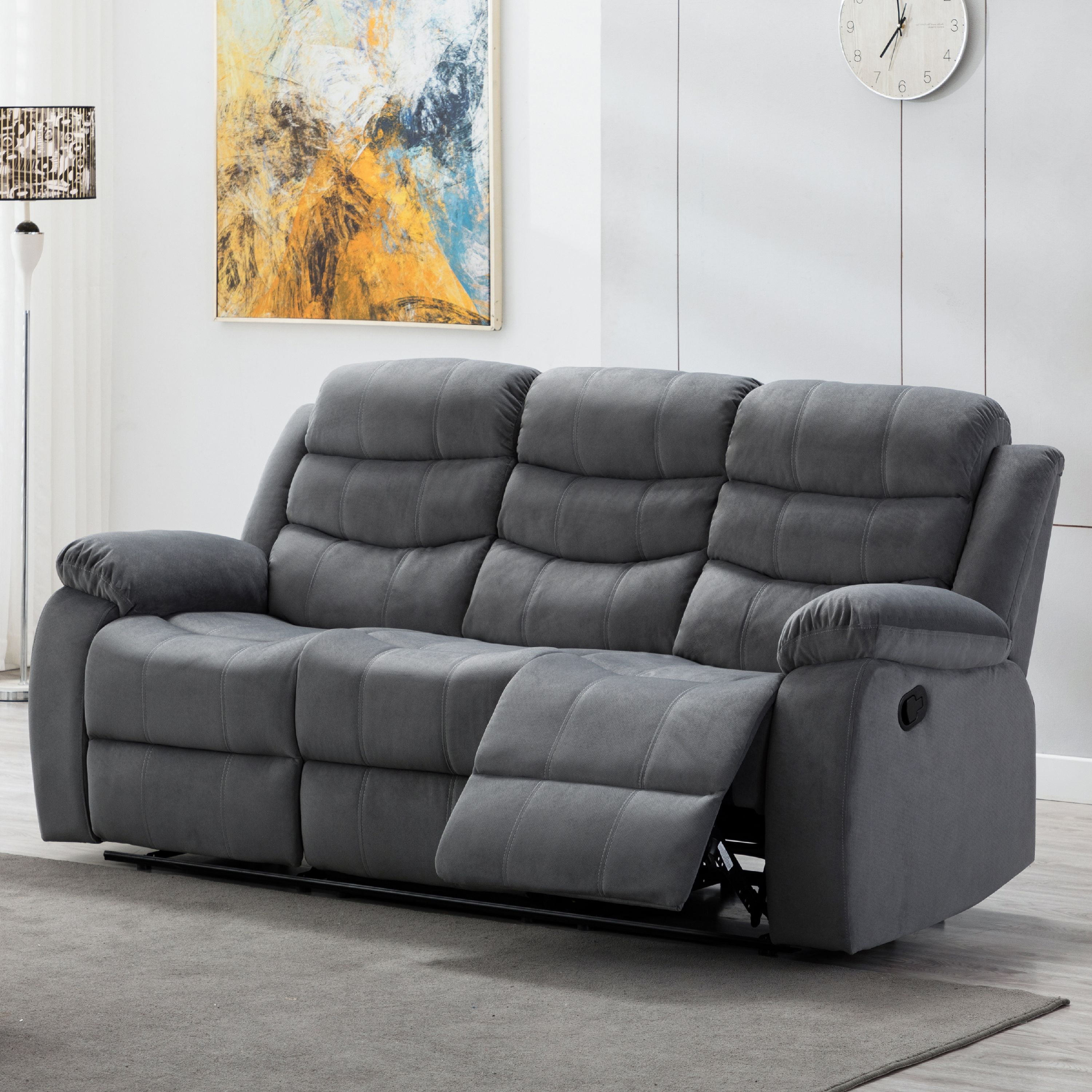 Jim Collection Contemporary Living Room Upholstered Reclining Sofa With 2 Recliners Grey Com