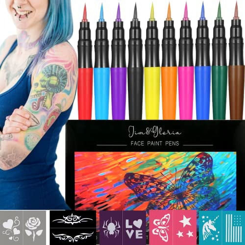 Jim&Gloria Gifts for Teen Girls Face & Body Paint Or Tattoo, 10 Colors  Flexible Brush Tip