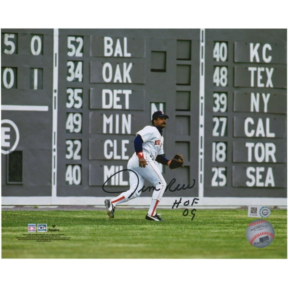 Jim Rice Boston Red Sox Autographed 8" x 10" Fielding in Front of the Green Monster Photograph with "HOF 09" Inscription - Fanatics Authentic Certified
