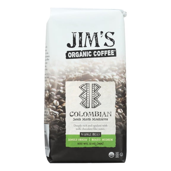 Jim'S Organic Coffee Colombian Santa Marta Montesierra Whole Bean Single Origin Coffee, 12 Oz