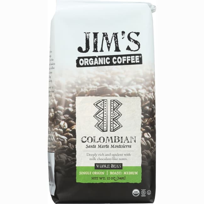 Jim'S Organic Coffee Colombian Santa Marta Montesierra Whole Bean Single Origin Coffee, 12 Oz