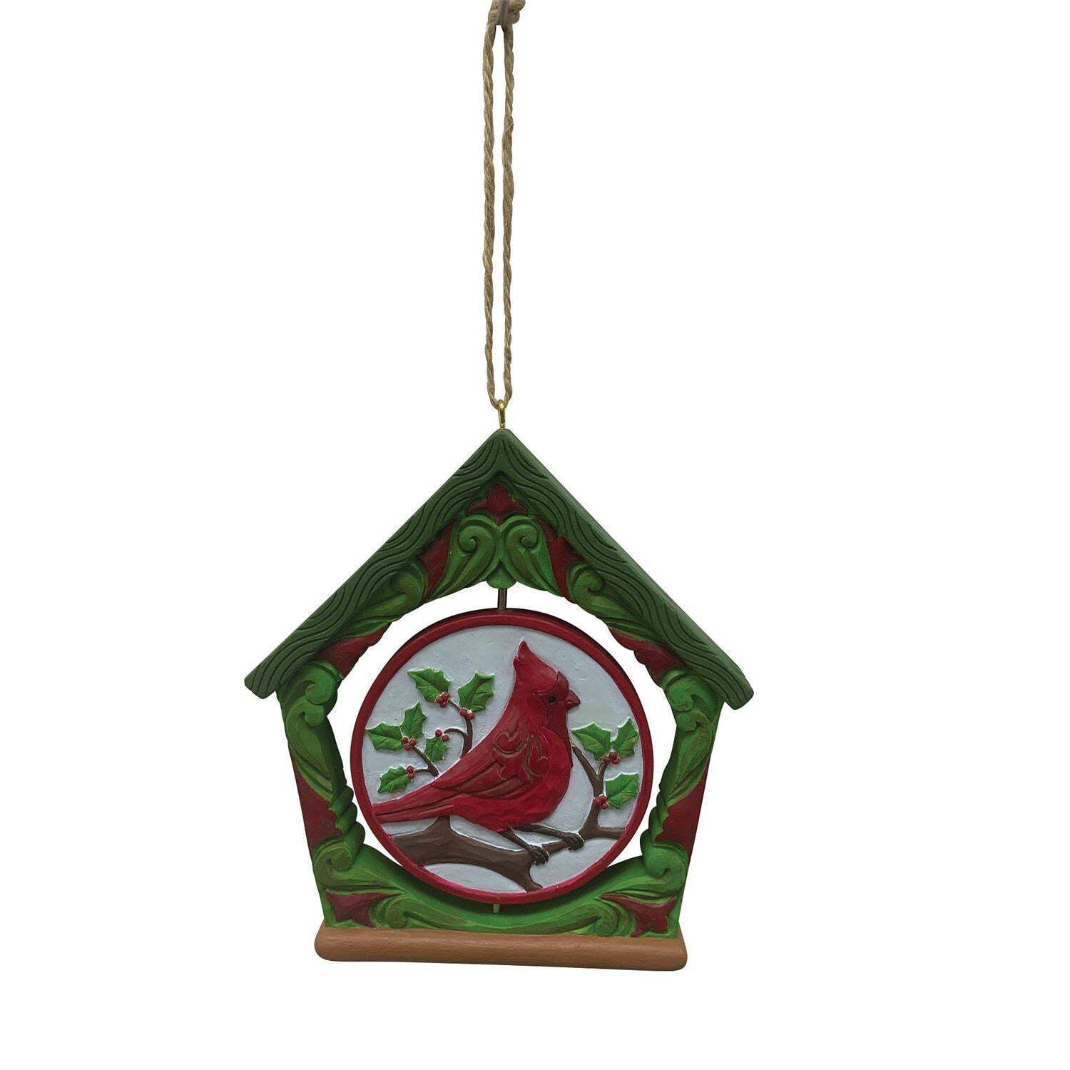 Red and Green Resin Birdhouse Ornament with Rotating Cardinal