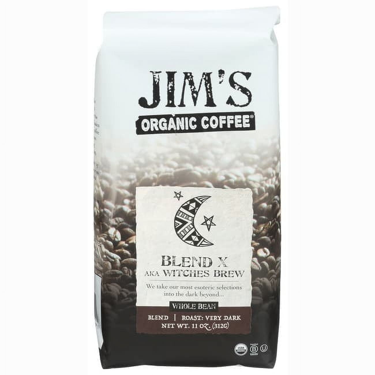 Jim's Organic Coffee Blend X Aka Witch's Brew Whole Bean Coffee, 11 Oz, Pack of 6