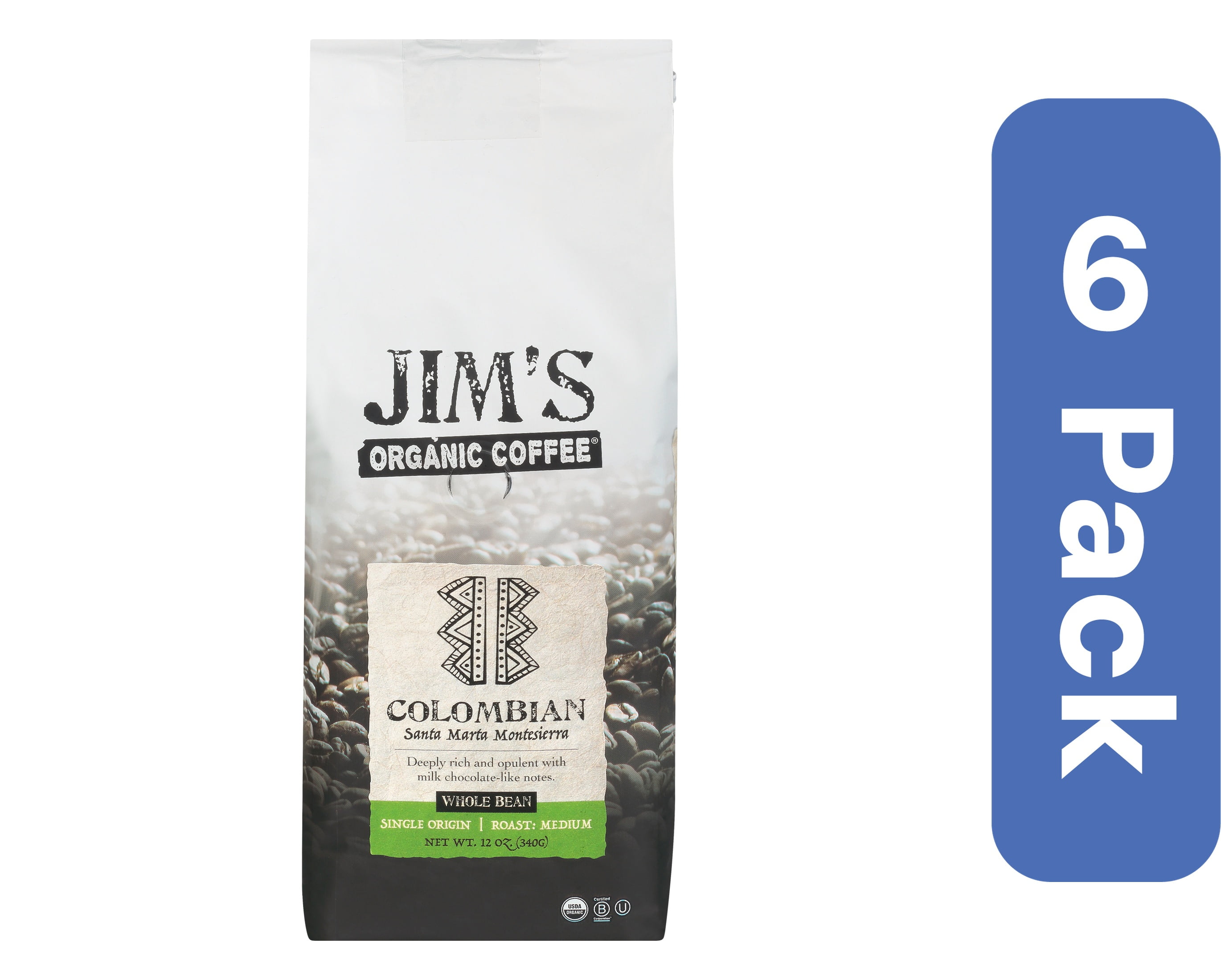Jim's Organic Coffee Colombian Coffee Beans 12 oz (Pack of 6)