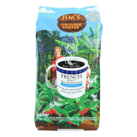 Jim's Organic Coffee French Roast Decaffeinated Whole Bean Coffee, 12 Oz, Pack of 6