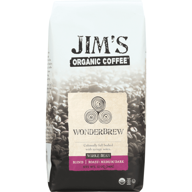 Jim’s Organic Coffee Wonderbrew Blend - Medium/Dark Roast Whole Bean, 12 Oz, Certified Organic
