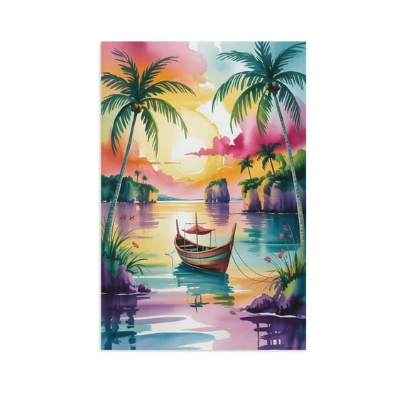 Jimbaran Bay Sunset Watercolor Wall Art Bali Beach Ocean Landscape Painting Tropical Coastal Decor Canvas Poster