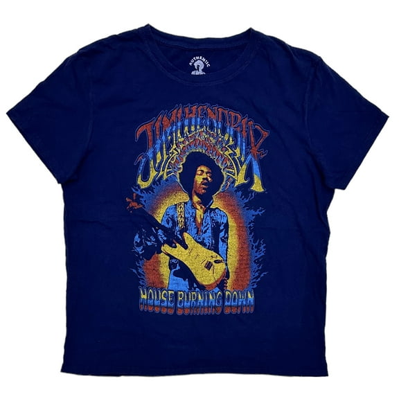 Jimi Hendrix Women's House Burning Down Distressed Graphic Vintage Tee T-Shirt (Large, Blue)